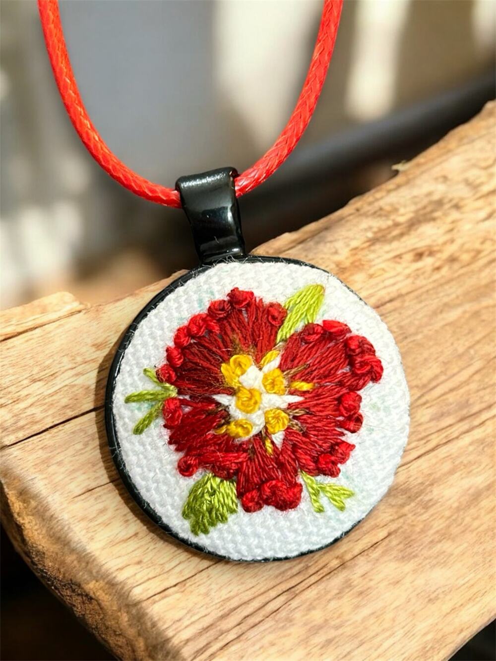 Embroidered Poppy in Black Bezel Charm Necklace